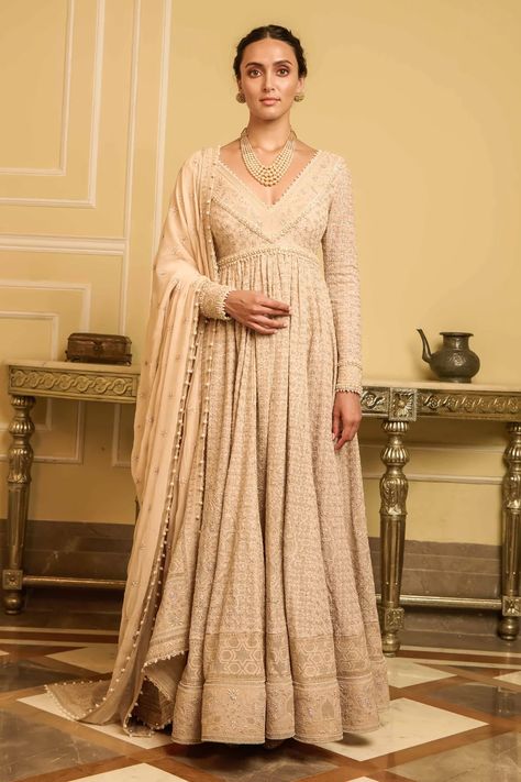 What To Wear When: Ultimate Bridal Outfits Guide - ShaadiWish Chikan Anarkali, Chikankari Outfits, Beige Anarkali, Outfits Guide, Anarkali Churidar, Muslim Brides, Georgette Anarkali, Chikankari Suits, Wedding Shopping