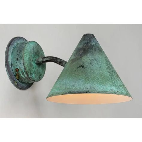 Hans-Agne Jakobsson 'Mini-Tratten' Verdigris Patinated Outdoor Sconces - a Pair | Chairish Exterior Wall Light Fixtures, Mid Century Outdoor, Patio Lamp, Lighting Farmhouse, Rustic Exterior, Porch Wall, Exterior Wall Light, Copper Lighting, Outdoor Sconces