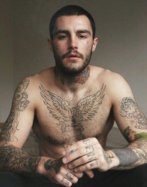 Man With Tattoos, Innocent Face, Men's Piercings, Cool Chest Tattoos, Eagle Tattoos, Chest Tattoos For Women, Chest Piece Tattoos, Chest Tattoo Men, Human Canvas