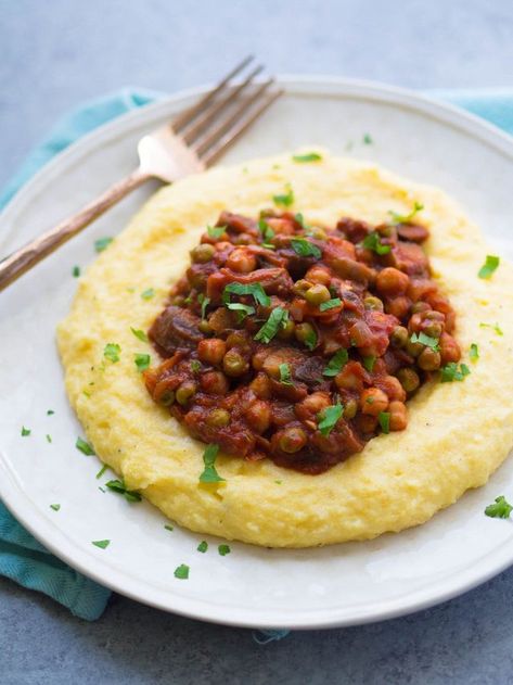 Chickpea Ragu and Polenta | Honest Cooking | Bloglovin’ Chickpea Ragu, Polenta Party, Goat Cheese Polenta, Pasta With White Beans, Instant Polenta, Cheese Polenta, Mushroom Polenta, Sausage Marinara, Mushroom Ragu