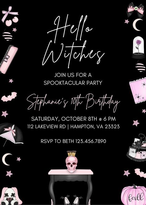 Pink and Black Halloween Birthday Invitation Witchy Themed Birthday Party, Pink Witch Birthday Party, Adult Halloween Birthday Party, Halloween Bday Party Invitations, Pink Halloween Birthday Party, Witch Birthday Party, Witches Party Invitations, Pink Halloween Birthday, Pink And Black Halloween