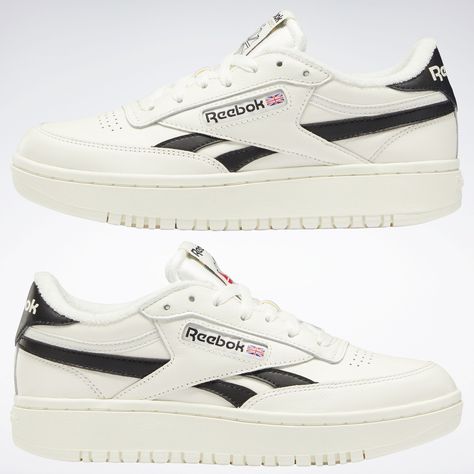 Club C Double Shoes in Chalk / Core Black / Chalk | Reebok Official UK Reebok Shoes For Men, Reebok Club C Double, Chicana Style, White Reebok, Reebok Classics, Xmas List, Reebok Sneakers, Reebok Club C, Current Fashion