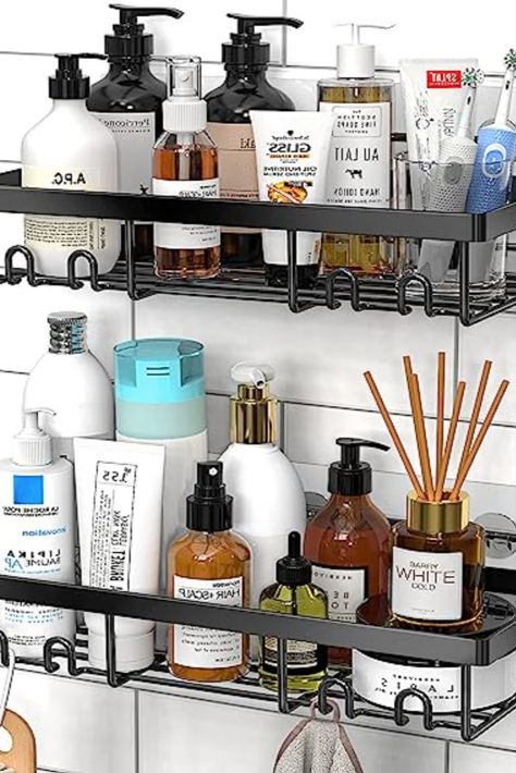 Moforoco Shower Caddy Shelf Organizer Rack, Self Adhesive Black Bathroom Shelves Basket, Home Kitchen Wall Shower Inside Organization and Storage Decor Rv Accessories, First Apartment Essentials Black Bathroom Shelves, Bathroom Storage Hacks, First Apartment Essentials, Clear Bins, Shower Caddies, Storage Decor, Rv Accessories, Apartment Essentials, Shelf Organizer