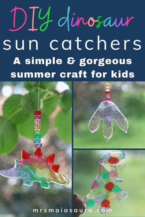 Dinosaur Sun Catcher, Dinosaur Party Crafts, Dinosaur Activities For School Age, Dinosaur Suncatcher Craft, Dinosaur Experiments For Kids, Dinosaur Diy Crafts, Dino Arts And Crafts, How Do Dinosaurs Go To School Activities, Dinosaur Summer Camp Activities