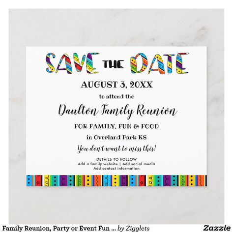 Family Reunion, Party or Event Fun Save the Date Announcement Postcard Christmas Birth Announcement, Reunion Party, Family Website, New House Announcement, Friends Reunion, Graduation Invitation, Save The Date Postcards, Save The Date Card, Graduation Party Invitations