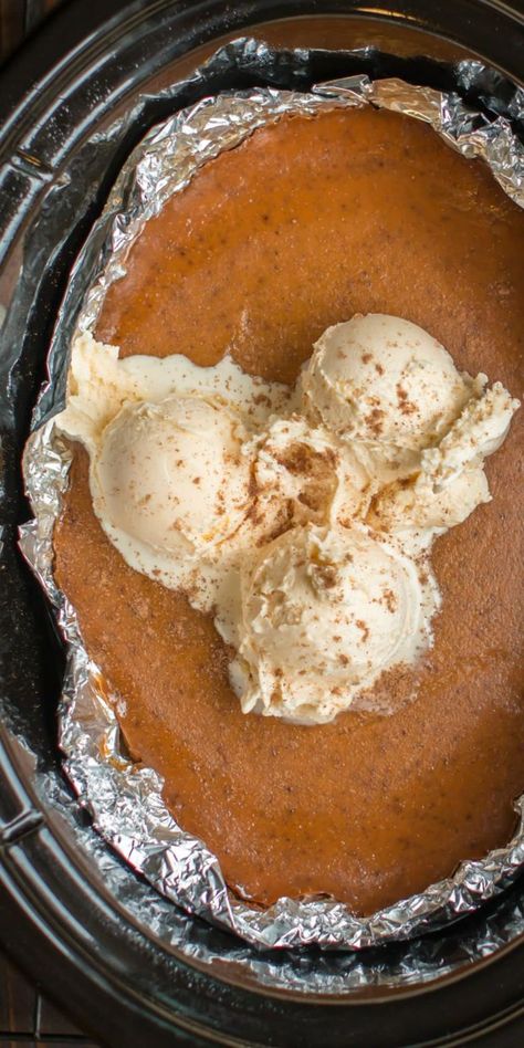 Slow Cooker Crustless Brown Sugar Pumpkin Pie won't have you missing the crust, great served warm with ice cream! #crockpot #slowcooker #pumpkin #pumpkinpie Crockpot Desserts, Thanksgiving Dish, Magical Slow Cooker, Crustless Pumpkin Pie, The Magical Slow Cooker, Crock Pot Desserts, Crockpot Chili, Fun Deserts, Sugar Pumpkin