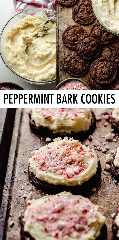 Soft and chewy chocolate cookies filled with chocolate chunks and topped with peppermint white chocolate frosting and crushed candy canes. This peppermint bark cookie recipe is one of the best Christmas cookie recipes for a crowd. | chocolate peppermint bark cookies recipe | peppermint bark cookies Ghirardelli | peppermint bark cookies recipe Chocolate Peppermint Bark Cookies, Chocolate Peppermint Recipes, Dark Chocolate Peppermint Cookies, Christmas Dainty Tray Ideas, Peppermint Chocolate Bark, How To Make Peppermint Bark, Crushed Peppermint Recipes, Holiday Bark Recipes, Peppermint Candy Recipe