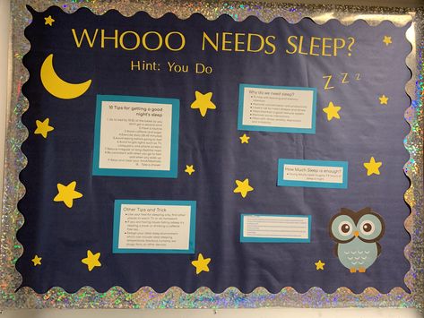 College bulletin board with facts about sleep and why it is important Napping Bulletin Board, College Bulletin Board, Health Bulletin Boards, College Bulletin Boards, Work Bulletin Boards, School Nurse Office, Ra Bulletins, Diy Father's Day Crafts, Science Fair Ideas