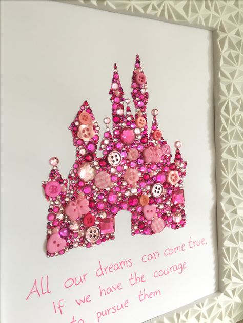 Disney Princess Room Decor Ideas, Disney Castle Diy, Pink Disney Castle, Bedazzled Painting, Disney Button Art, Disney Frames, Disney Buttons, Disney Room Decor, Cute Disney Drawings