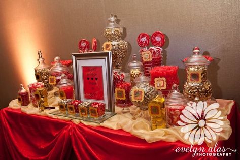 Gold Candy Buffet Ideas | Black and Gold Candy Buffet Red And Gold Candy Table Ideas, Red And Gold Candy Table, Red And Gold Dessert Table, Buffet Party Ideas, Red And Gold Birthday Party, Red Candy Buffet, Gold Candy Buffet, Gold Candy Bar, Candy Buffet Party