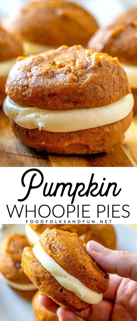 The classic New England dessert gets an update with pumpkin, spices, and maple! This Pumpkin Whoopie Pies with Maple Cream Cheese Frosting recipe is the perfect fall dessert! Pumpkin Whoopie Pies With Maple Cream Cheese Frosting, Fall Desserts With Cream Cheese, Pumpkin Whoopee Pie, Pumpkin Woo Pie Pies, Weird Dinner Recipes, Desserts With Ingredients At Home, Pumpkin Cream Cheese Whoopie Pies, Pumpkin Cookie Pie, Fun Fall Party Food