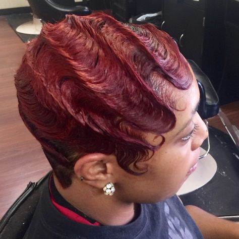 Burgundy Fingerwaves, Short Hair Back View, Finger Waves Short Hair, Finger Wave Hair, Short Hair Back, Finger Wave, Finger Waves, Side To Side, Short Hair Color