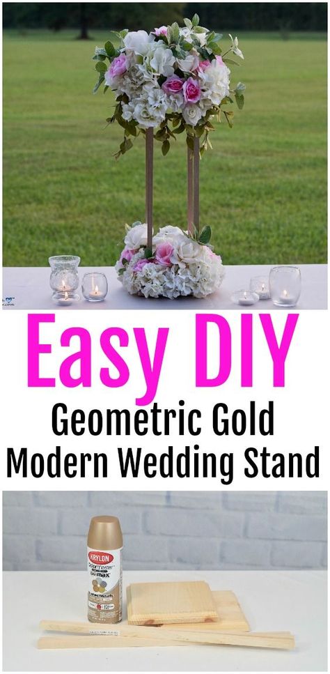 DIY Tall Geometric Gold Wedding Stand for your modern wedding centerpieces. Easy DIY wedding centerpiece. Wedding Centerpiece Stands, Tall Wedding Centerpieces Diy Cheap, Diy Wedding Flower Stand, Tall Diy Wedding Centerpieces, Diy Floral Stand Wedding, Diy Tall Table Centerpieces, Cheap Tall Centerpieces, Tall Diy Centerpieces, Diy Tall Flower Centerpieces