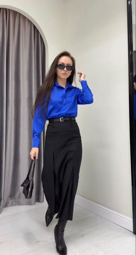 Electric Blue And Black Outfit, Blue Satin Top Outfit, Electric Blue Top Outfit, Electric Blue Shirt Outfit, Electric Blue Outfit, Law Outfits, Satin Top Outfit, Blue Satin Top, Blue Top Outfit