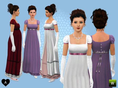 I always loved Pride and Prejudice by Jane Austen. This set is created for all who shares my strong feelings for the clothing design of the regency age. This is my own design. Enjoy!  Found in TSR... Sims 4 Regency Cc, Pride And Prejudice Dress, Georgian Dress, Play Sims, Regency Dress, Cute Sleepwear, Princesa Disney, Corset Mini Dress, Sims Mods