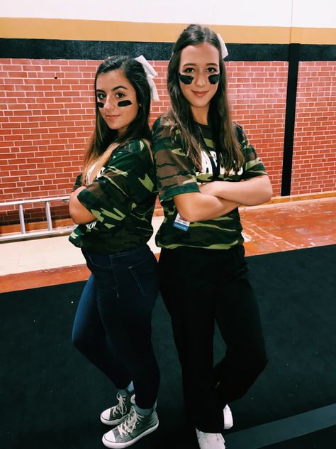 camo theme pep rally outfit #AHS #goeagles Camo Dress Up Day At School, Circus Pep Rally, Camo Pep Rally Theme, Camo Day Spirit Week At School, Camo Theme Outfit, Rally Outfit Ideas, Camo Outfits Spirit Week, Camo Spirit Day Outfit, Pep Rally Outfits