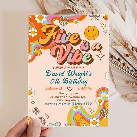 Five a Vibe Groovy Retro Rainbow 5th Birthday Invitation #groovybirthday #70sbirthday #retrobirthday #groovyinvitations #hippiebirthday #70sparty #discotheme #faroutparty #70sbash #vintagebirthday Floral First Birthday, Mimi Birthday, Retro Invitation, Groovy One, Hippie Birthday, Rainbow Birthday Invitations, Retro Daisy, Retro Birthday, Birthday Posts