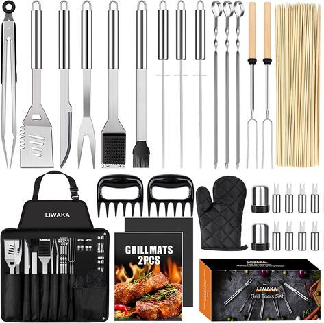 31Pcs Grill Accessories BBQ Tools Set with Storage Apron, Stainless Steel Grill Utensils Set BBQ Accessories Gift for Men Women, Perfect for Camping Backyard Barbecue Outdoor Cooking Station, Grill Kit, Bbq Kit, Bbq Tool Set, Grill Tools, Metal Skewers, Grilling Utensils, Steel Grill, Bbq Set