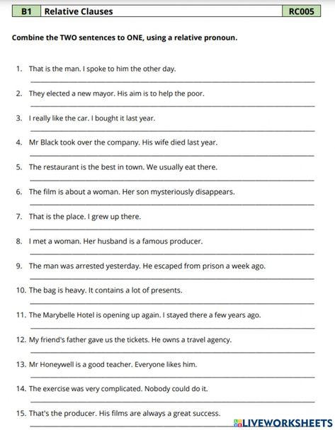 Defining relative clauses, Undefining Relative clause online exercise for Grade 8, 9,10. You can do the exercises online or download the worksheet as pdf. Relative Clauses Activities, Defining Relative Clauses Worksheet, Relative Clauses Worksheets, Clauses Worksheet, Functional English, English Liveworksheet, Punctuation Worksheets, Book Extracts, Irregular Past Tense Verbs