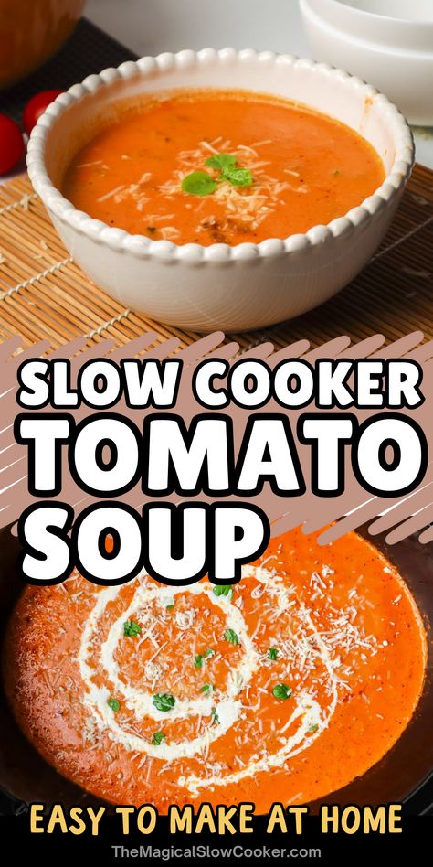 Making your own rich and creamy slow cooker tomato soup just got easier. The combination of tomato, garlic, broth, and a flour mixture makes for a soup that's good for dinner and lunch leftovers. - The Magical Slow Cooker Diy Condensed Tomato Soup, Slow Cooker Tomatoes Soup, Crockpot Tomato Bisque Soup, Crockpot Tomato Basil Soup, Crockpot Tomato Soup, Slow Cooker Tomato Soup, Tomato Rice Soup, Good For Dinner, Garlic Broth