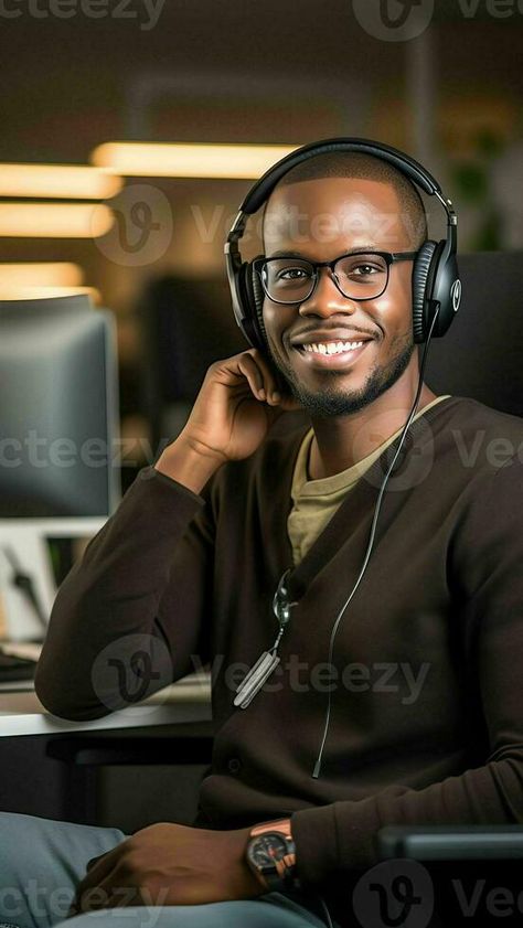 AI Generative Head shot portrait smiling African American man wearing headphones and glasses looking at camera posing for photo in modern cabinet happy satisfied male customer service operator i Man Wearing Headphones, Headphones And Glasses, African American Man, Wearing Headphones, Wearing Headphone, Modern Cabinet, Poses For Photos, African American, Headphones