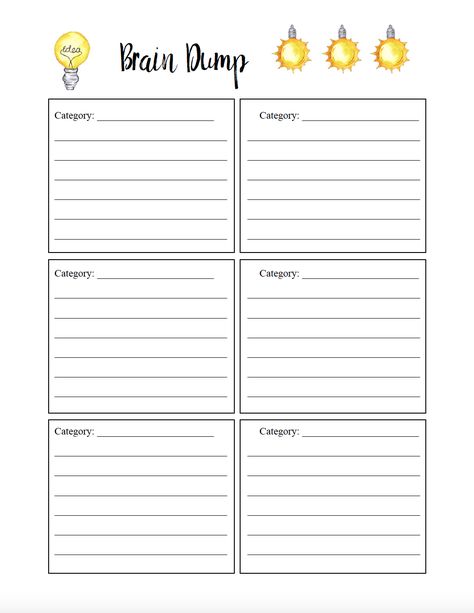 Free printable brain dump worksheet. How (and why) to do a brain dump. Get rid of brain clutter with this valuable exercise. Brainstorming Template Free Printable, Free Brain Dump Printable, Brain Dump Template Free Printables, College Planner Printables, Brain Dump Template, Brain Dump Printable, Daily Planner Journal, Notebook Template, Free Calendars