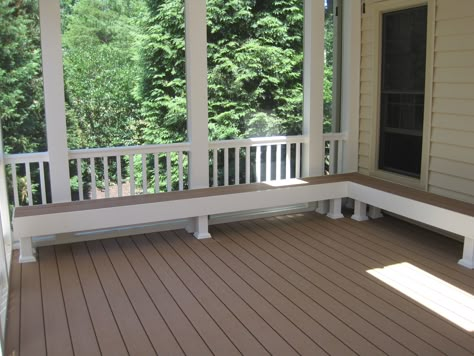 Built in bench seating in screen porch Small Front Porch Seating, Porches Ideas, Porch Seating, Front Porch Seating, Front Porch Bench, Built In Bench Seating, Bench Seating Kitchen, Porch Bench, Porch Remodel