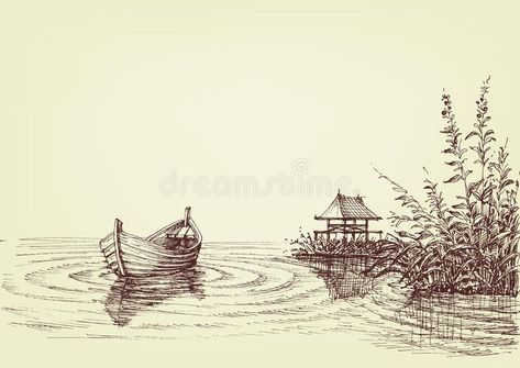 Lake drawing, empty boat on water. Ripples, cattail and fishery on shore stock illustration Shore Illustration, Lake Drawing, Boat On Water, Water Sketch, Boat Sketch, Boat Drawing, Water Drawing, Landscape Sketch, Lake Boat