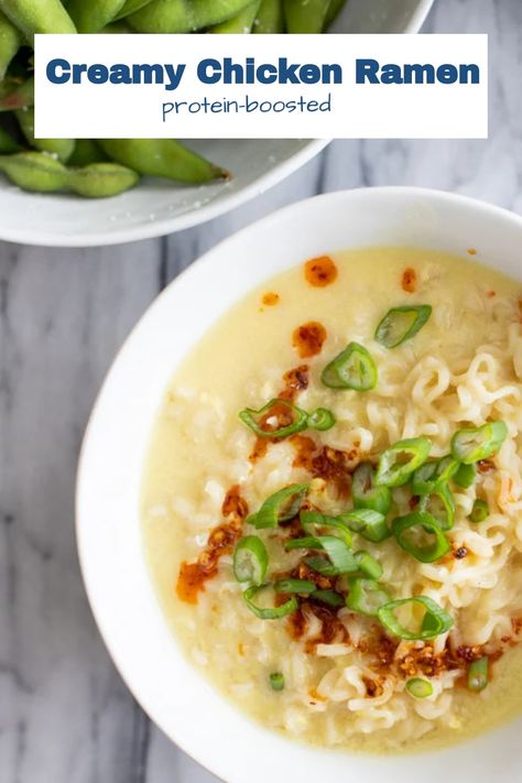 Everyone loves these protein-boosted chicken ramen noodles! The broth has creamy chicken flavor and a rich texture (just like when you get ramen from a ramen shop!). Homemade Chicken Ramen Soup, Creamy Garlic Ramen, Ramen Chicken Recipes, Ramen Recipes Chicken, Ramen Noodles With Egg, Creamy Chicken Ramen, Egg In Ramen Noodles, Creamy Ramen, Noodles With Egg