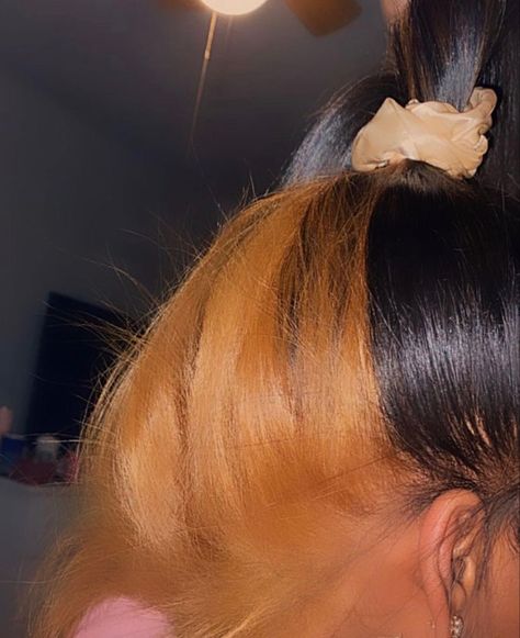 Ginger Hair Skunk Stripe, Honey Brown Hair Dye, Ginger Blonde Hair, Blonde Brown Hair Color, Cheer Pins, Dyed Hairstyles, Peekaboo Hair Colors, Skunk Stripe, Honey Hair Color