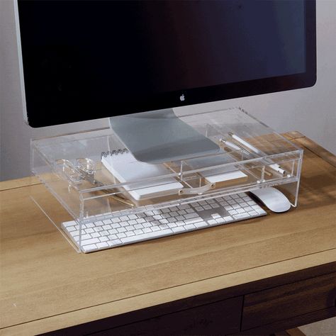 @dggual (Dia Gual) - Dream Studio Setup - Benable Modern Desk Setup Office, Acrylic Desk Organizer, Clear Desk, Acrylic Organizer, Organization Essentials, Monitor Stand, Dream Studio, You Loose, Studio Setup