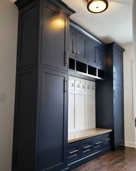 Mudroom Locker, Champagne Bronze Hardware, Hall Tree Bench, Navy Blue Paint, Mudroom Cabinets, Storage Cubbies, Tree Bench, Mudroom Lockers, Mudroom Entryway