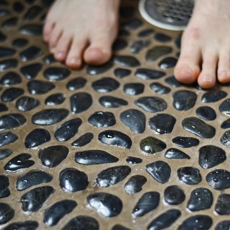 How to Clean a Pebble Shower Floor Pnw Cottagecore, Clean Shower Floor, Stone Shower Floor, River Rock Shower, Pebble Shower, Pebble Shower Floor, Tiled Showers, Rock Shower, Slate Shower