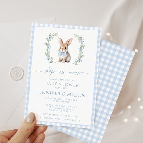 Cute blue rabbit bunny baby boy shower invitation Some Bunny Is One Boy, Gingham Pattern Background, Easter Themes, Baby Boy Invitations, Baby Boy Shower Invitations, Bunny Blue, Blue Rabbit, Bunny Baby Shower, Boy Shower Invitations