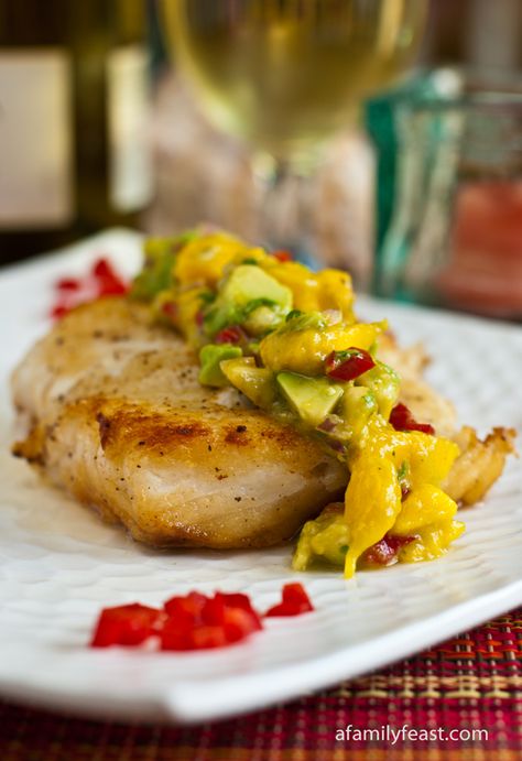 Pan Seared Halibut with Mango-Avocado Salsa Pan Seared Halibut, Seared Halibut, Sweet Salsa, Halibut Recipes, Mango Avocado Salsa, Seafood Entrees, Family Feast, Avocado Salsa, Mango Salsa