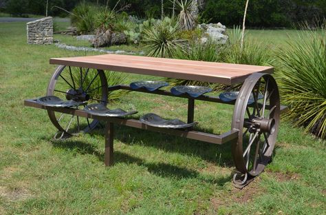 Wagon Wheel Table, Wagon Wheel Bench, Rustic Outdoor Benches, Wagon Wheel Decor, Wheel Table, Metal Wagon, Antique Wagon, Cedar Table, Eastern Red Cedar