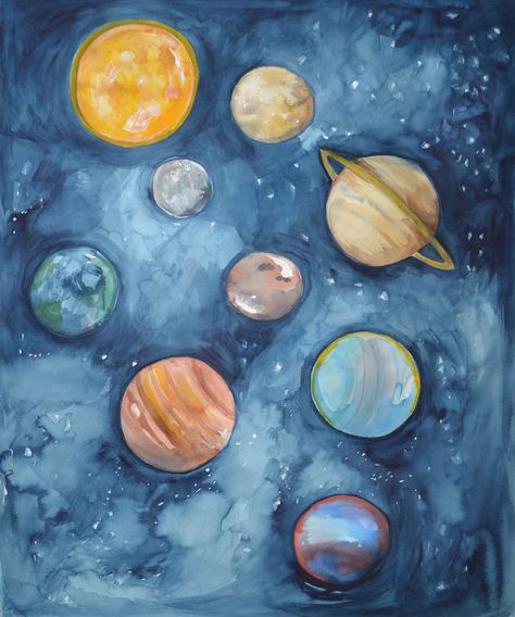 Planet Watercolor Painting, Drawing Planets Space, Planets Watercolor, Painting Planets, Planets Painting, Solar System Painting, Eight Planets, Solar System Art, Space Watercolor