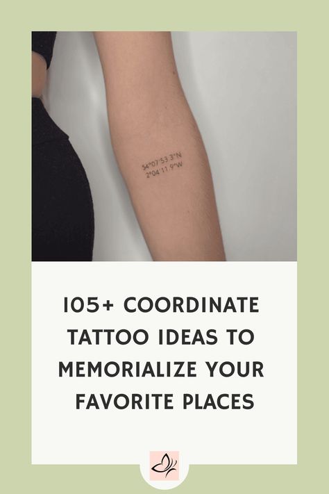 Whether you're a travel enthusiast or just want a unique way to remember a special location, coordinate tattoos are a popular choice. From longitude and latitude numbers to GPS coordinates, there are endless possibilities for customization. This pin showcases over 105 ideas to inspire your next tattoo design. Dive into the world of coordinate tattoos and find the perfect way to memorialize your favorite places in ink. Say goodbye to generic tattoo designs and hello to personalized body art that Feminine Coordinates Tattoo, Geographical Tattoo, Wedding Coordinates Tattoo, Best Friend Coordinate Tattoos, Gps Coordinates Tattoo Ideas, Lat Long Tattoo, Nautical Coordinates Tattoo, Illinois Tattoo Ideas, Fine Line Coordinates Tattoo