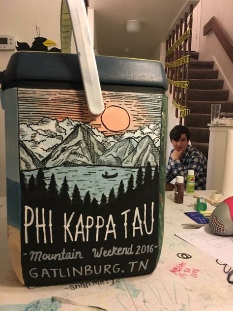 Mountain Weekend Cooler Ideas, Frat Mountain Weekend Cooler, Frat Coolers Mountain Weekend, Mountain Weekend Cooler, Cooler Connection, Painted Coolers, Phi Kappa Tau, Formal Cooler Ideas, Mountain Weekend