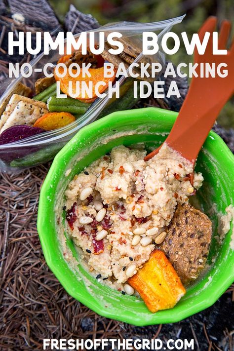 This hummus bowl is a great no-cook backpacking lunch option. Feel free to get creative with the toppings and dippers - this is a loose recipe that can be endlessly customized. Backpacking Lunch, Lightweight Backpacking Food, Backpacking For Beginners, Hummus Bowl, Hiking Food, No Cook, Lunch Idea, Backpacking Food, Be Dangerous