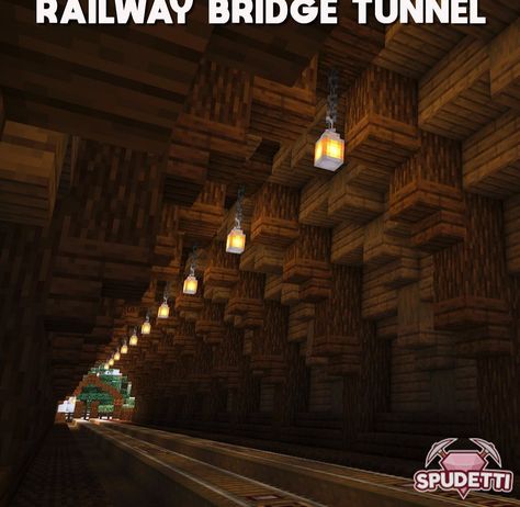 Minecart Tunnel Minecraft, Minecraft Railway Station Ideas, Minecraft Corridor Design, Tunnel Minecraft Ideas, Minecraft Railway Ideas Underground, Tunnel Design Minecraft, Tunnels Minecraft, Ceiling Ideas Minecraft, Minecraft Train Tunnel