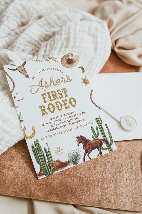 ASHER | Western First Rodeo ONE 1st 2nd Birthday Party Invitation Neutral Wild West Desert Cactus Template Instant Download Editable Invite Saddle up! This birthday invitation features adorable watercolor western and desert horse, cactus, and Wild West illustrations paired together with minimalist western script. Perfect for a birthday any time of year! Personalize this template using Corjl's self-editor to edit text, font styles and color, and add in your own background color and photos! Desert First Birthday Party, Cactus Template, Wild West Desert, Birthday Desert, Desert Horse, Minimalist Western, Western Birthday Party, Rodeo Party, Western Birthday