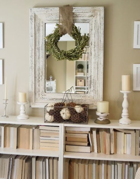 The Inspiration Exchange Features- 17 Fabulous Ideas for Fall - City Farmhouse Wreath Over Mirror, Mantle Fall Decor, Decorating With Books, City Farmhouse, Farmhouse Mirrors, Foyer Decorating, Farmhouse Fall, A Mirror, Farmhouse Chic