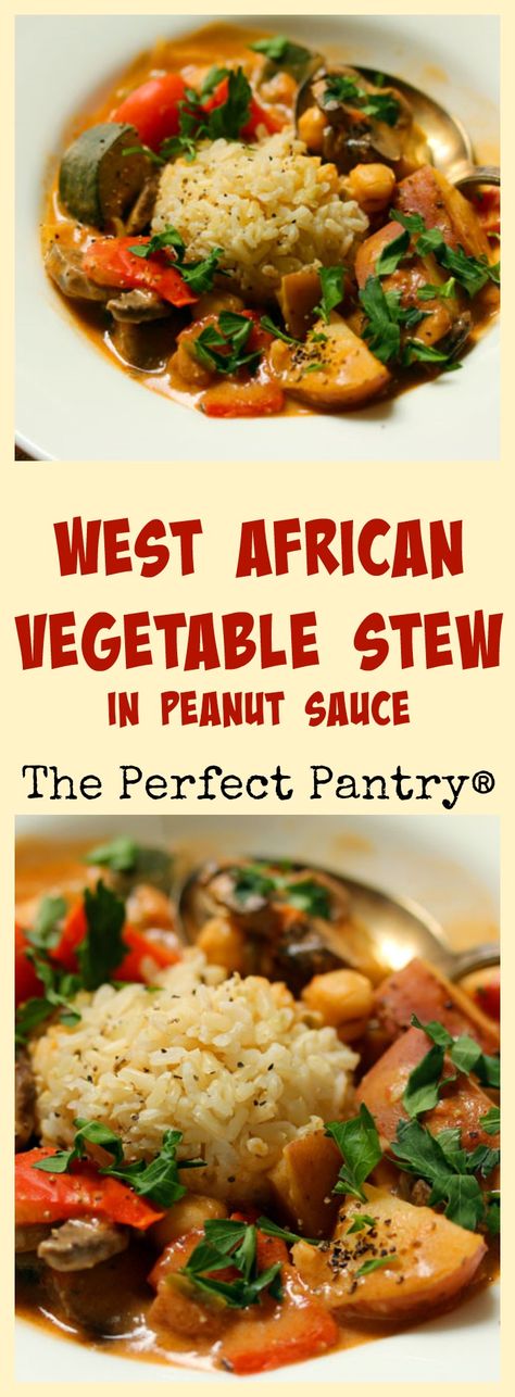 West African vegetable stew in a rich peanut sauce. You'll never miss the meat! #vegetarian [ThePerfectPantry.com] African Stew, West African Food, African Cooking, Nigerian Food, Stew Meat, Vegetable Stew, Peanut Sauce, African Food, Easy Vegetarian