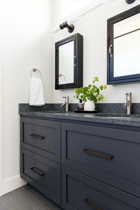 Dark Marble Bathroom Countertops, Master Bath With Black Cabinets, Dark Countertop Bathroom Ideas, Dark Bathroom Vanity Countertops, Vanity With Dark Countertop, Dark Quartz Bathroom Countertops, Dark Bathroom Vanities, Dark Countertop Bathroom, Dark Bathroom Countertops