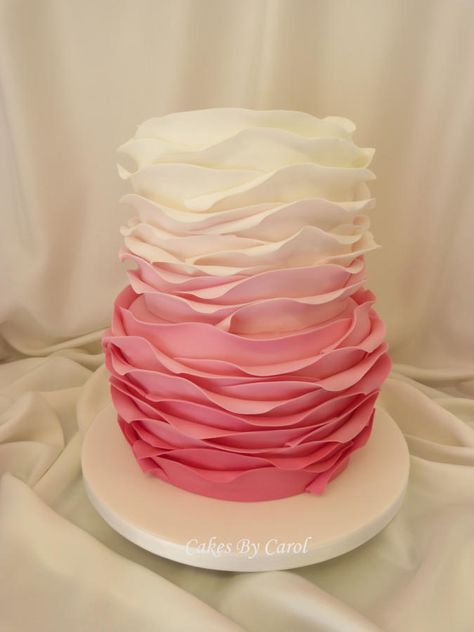 Pink Ombre Ruffle Wedding Cake Ombré Cakes, Ombre Ruffle Cake, Pink Ruffle Cake, Cake With Balloons, Wave Cake, Ruffle Wedding Cake, Cake Design Inspiration, Red And White Weddings, White Wedding Theme