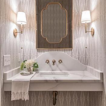 Curved Marble Backsplash with Bungalow 5 Cassia Mirror Small Powder Room Ideas Elegant, Marble Backsplash Bathroom, Classic Powder Room, Bathroom Decorating Ideas, Backsplash Bathroom, Powder Room Design, Faucet Design, Marble Backsplash, Marble Sinks