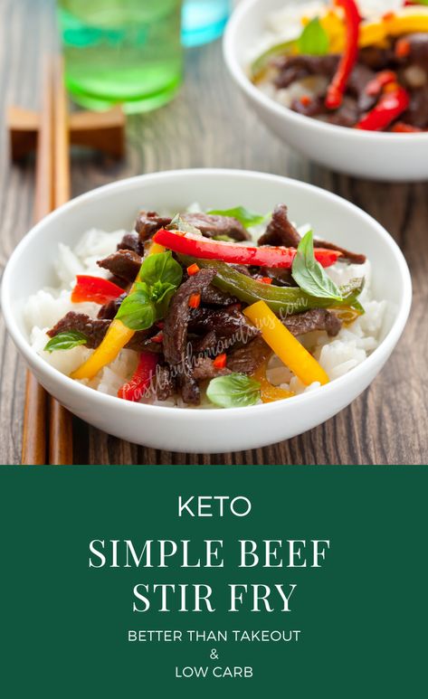 This easy Keto friendly beef stir fry recipe is fresh, delicious and low-carb. The Non-Keto people in your life will never know how healthy and low carb it is because it's bursting with flavor and has an authentic Asian flavor. No separate dinners for the family when you make this dish. It's a crowd pleaser and looks GORGEOUS on the table. #ketostirfry #lowcarbdinnerrecipe #easyketodinner #lowcarbasianmeals via @https://www.pinterest.com/castleinthemountains/ Low Carb Beef Stir Fry, Simple Beef Stir Fry, Beef Stir Fry Recipe, Keto Stir Fry, Keto Simple, Beef Stir Fry Recipes, Breakfast Soup, Keto Beef, Beef Strips