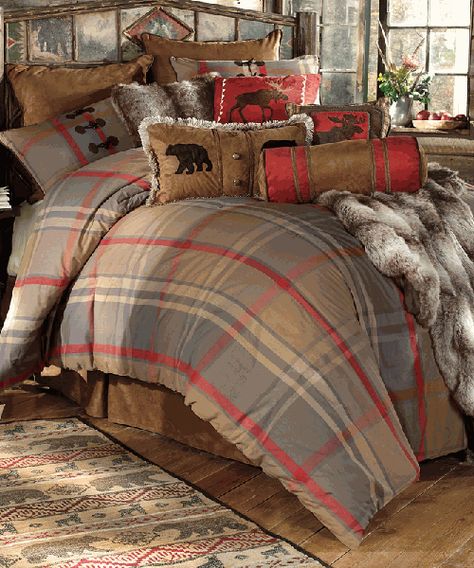 Mountain Trail Rustic Bedding  Create a woodsy feel in your bedroom with the woven cotton plaid Mountain Trail Rustic Bedding Set in red, dark gold and gray accented with chestnut and red microsuede and antler loop buttons. The Mountain Trail Plaid Bedding Collection is available in Queen and King size.  Mountain Trail Bedding Queen Size Set Includes: Bed Log Cabin Bedding, Rustic Bedding Sets, Plaid Bedding, Cabin Bedroom, Cabin Bed, Mountain Trail, Red Bedding, Rustic Bedding, Cabin Living