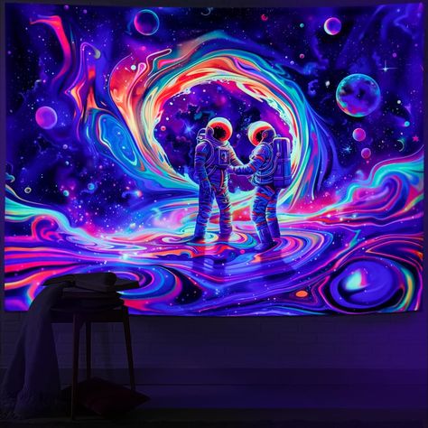 PRICES MAY VARY. Material: The blacklight astronaut is made of premium polyester, which is comfy, durable, skin-friendly, soft, lightweight, washable and easy to hang. The aesthetic galaxy space tapestry has vibrant color and that is a wall art for home decor. Size: There are 2 Sizes for you to choose, W59"×H51"(150×130cm), W78"×H59(200×150cm)". This black light fantasy universe tapestry is so gorgeous, make sure you get one. Blacklight/UV Reactive: Due to the special ink and advanced technology Dark Tapestry, Galaxy Room, Space Tapestry, Blacklight Tapestry, Tapestry Wall Art, Space Room, Uv Reactive, Mural Wall Art, Tapestry Wall